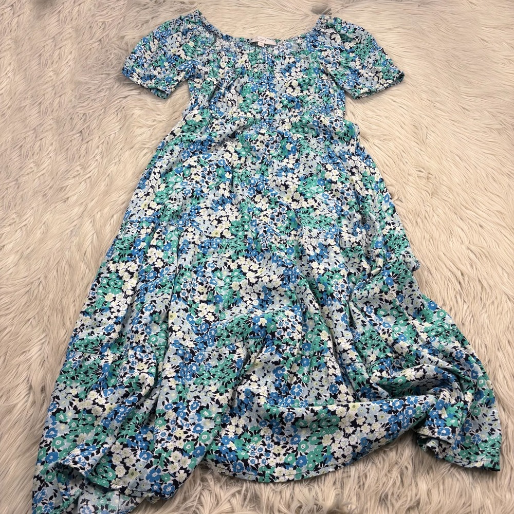 LOFT Women's S Blue Green Floral Puff Sleeve Midi Dress Feminine Spring Twee